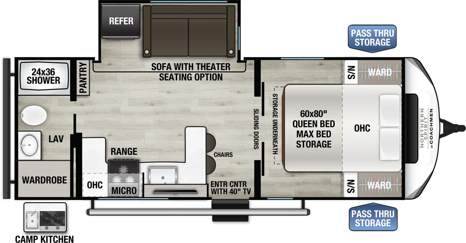 The Northern Spirit 2353RB floorplan has one entry and one slide out. Exterior features include: metal exterior, 16' awning and outside kitchen. Interiors features include: front bedroom and rear bathroom.